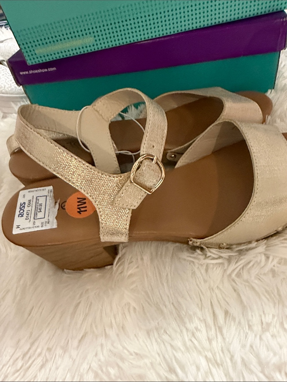 me too Metallic Cream Wedge Sandals with Buckle Strap
